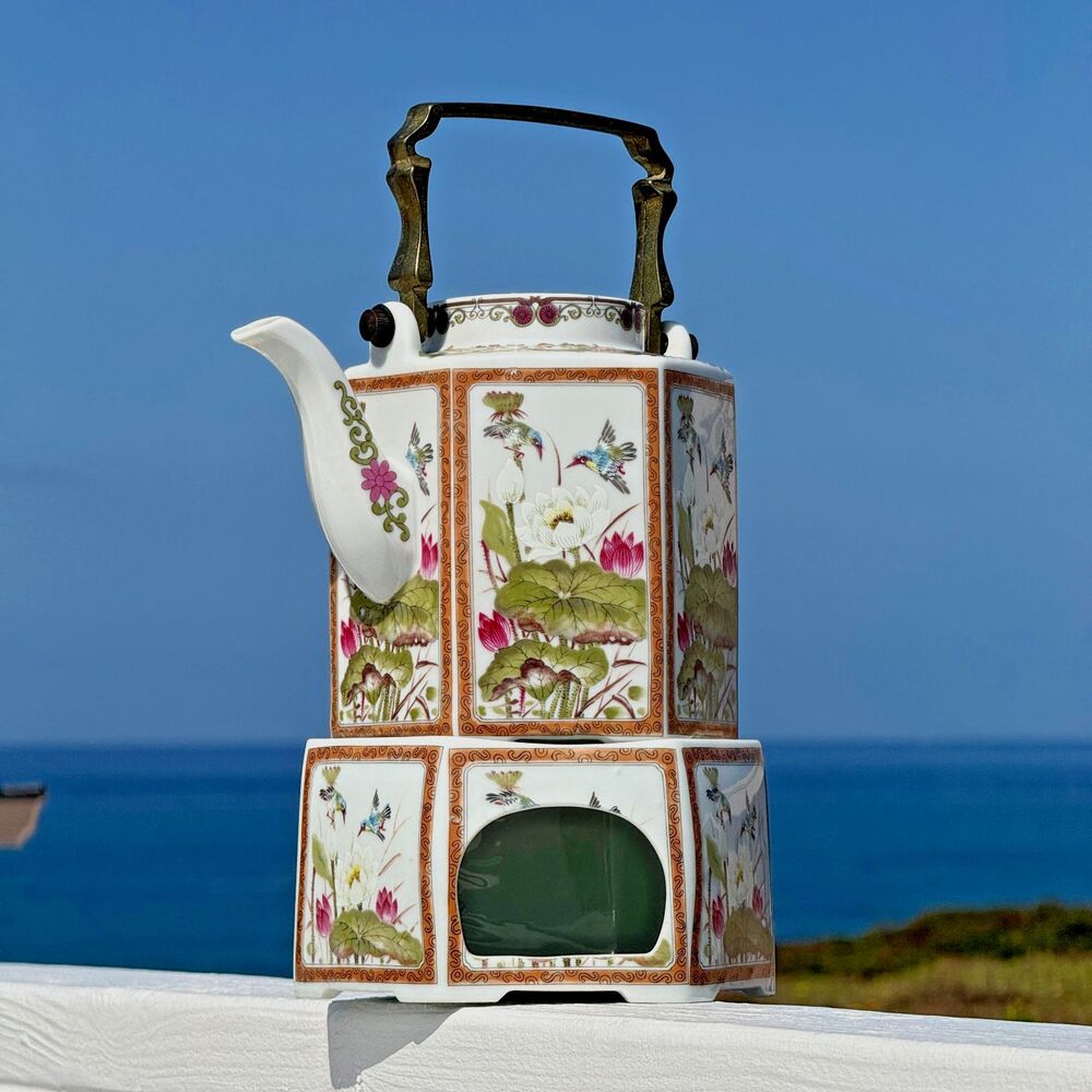 Toyo Ming Lotus Japan Porcelain Tea Warmer Set Teapot 6 Cups Hexagon Chinoiserie